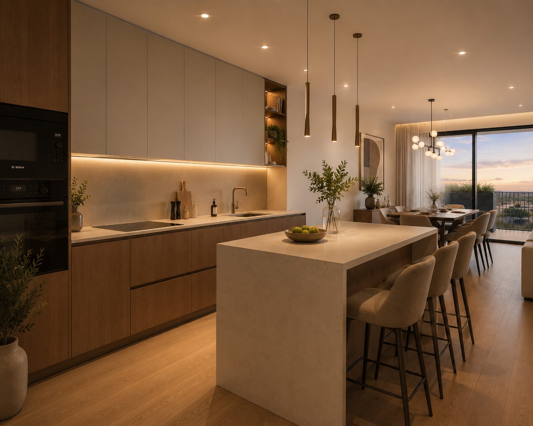 Cozinha com ilha e eletrodomésticos encastrados
